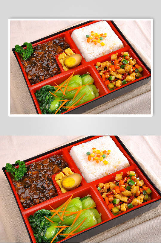 卤蛋青菜炒肉快餐盒饭摄影图