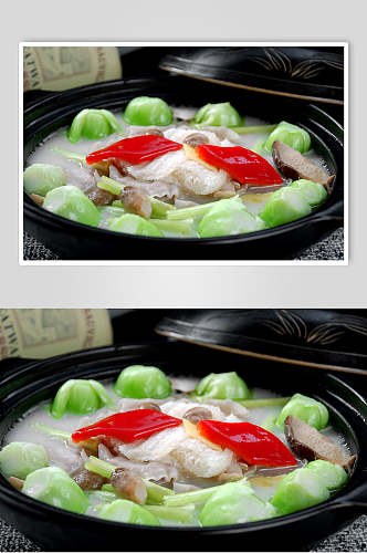 浓汤鲜菌鱼皮饺摄影图片