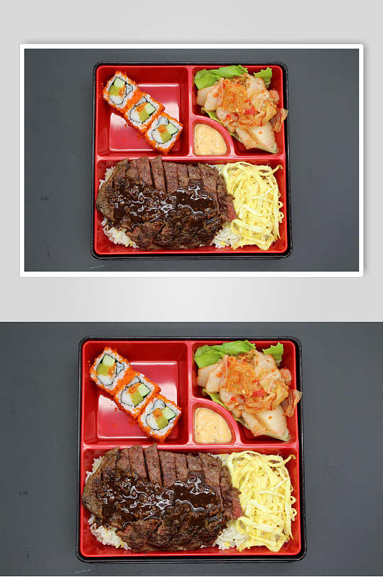 牛排快餐盒饭摄影图片