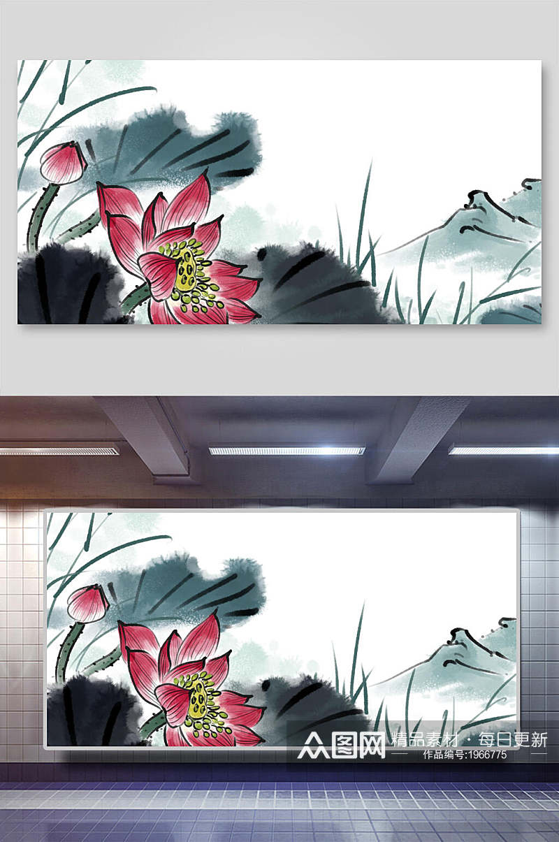手绘中国风水墨荷花植物背景素材素材