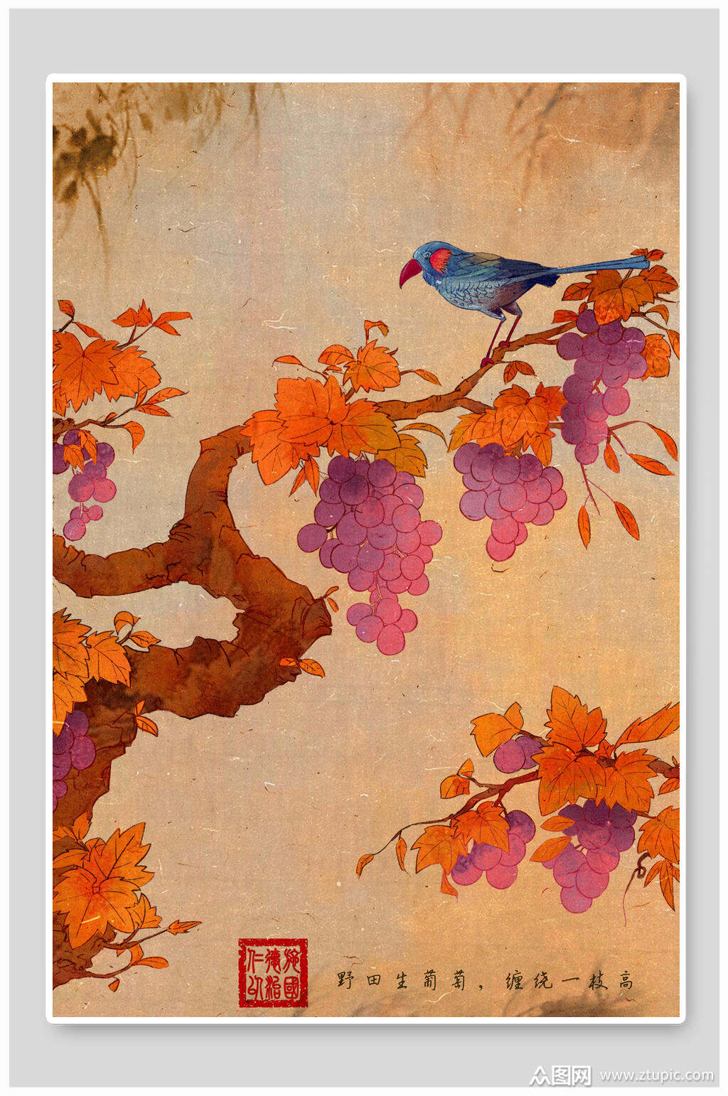 中国风花鸟树木国画背景素材