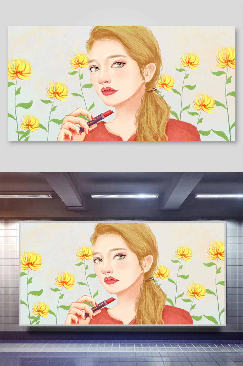 美容化妆美女插画两联口红美颜素材