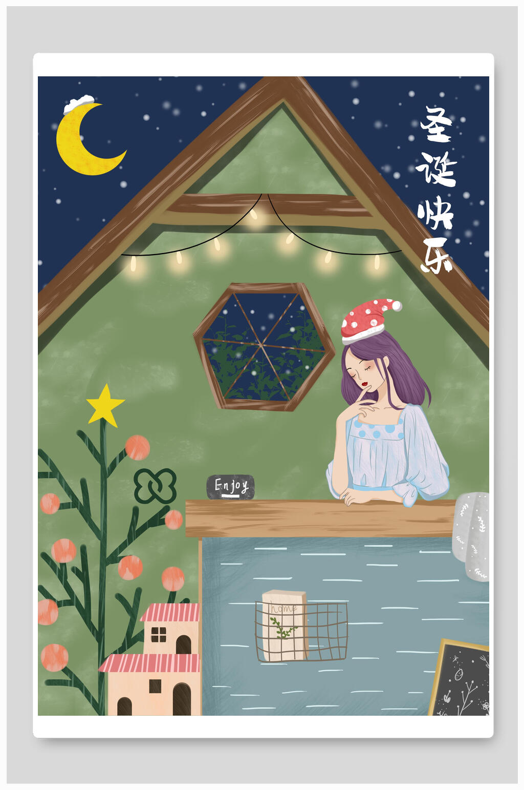 简约板绘女孩圣诞节插画素材