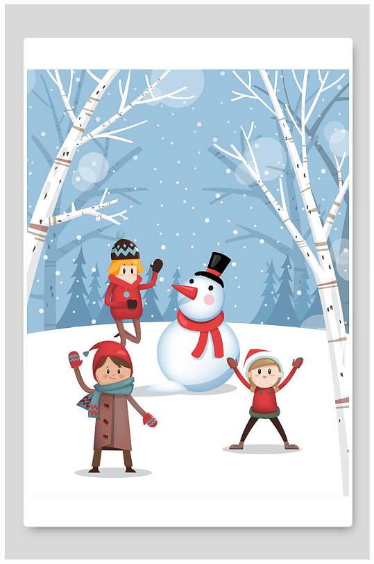 圣诞节插画小雪人和雪地里的儿童