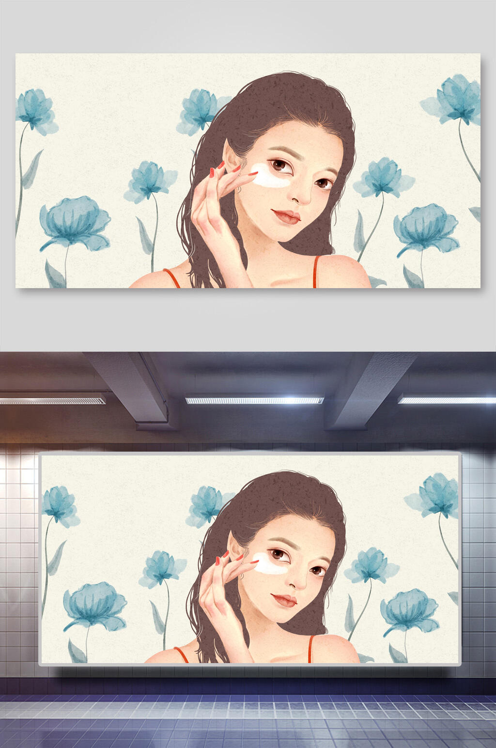 美容化妆美女插画两联美女和护肤素材