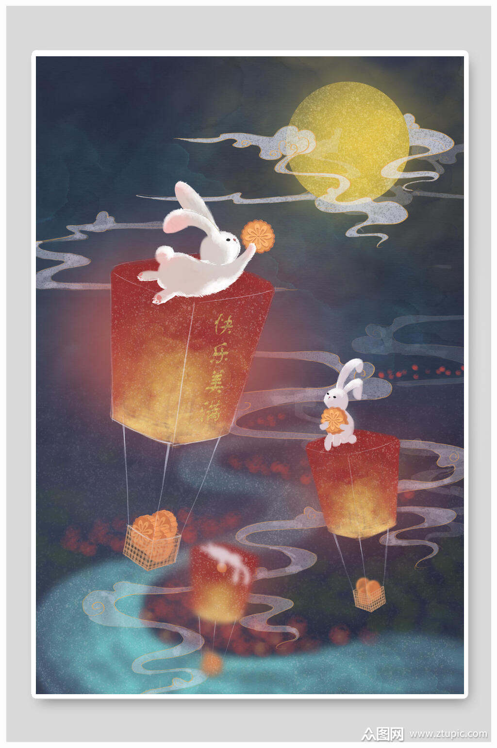 中秋节插画孔明灯祈福玉兔奔月素材