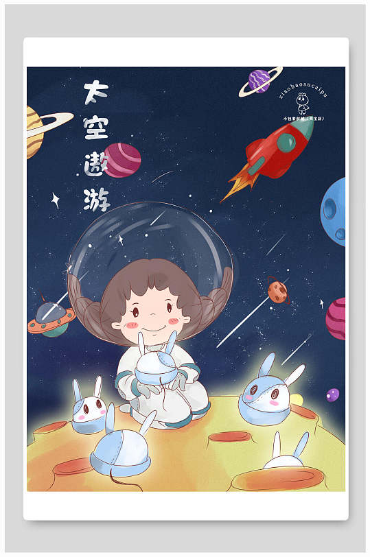 插画设计太空遨游中秋登月童话故事