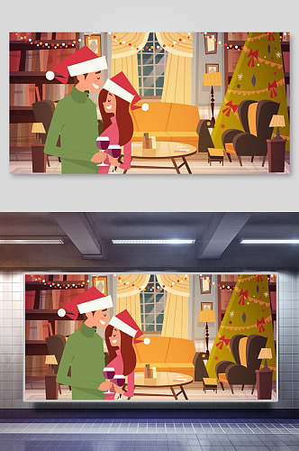 圣诞节插画两联横向情侣的圣诞节