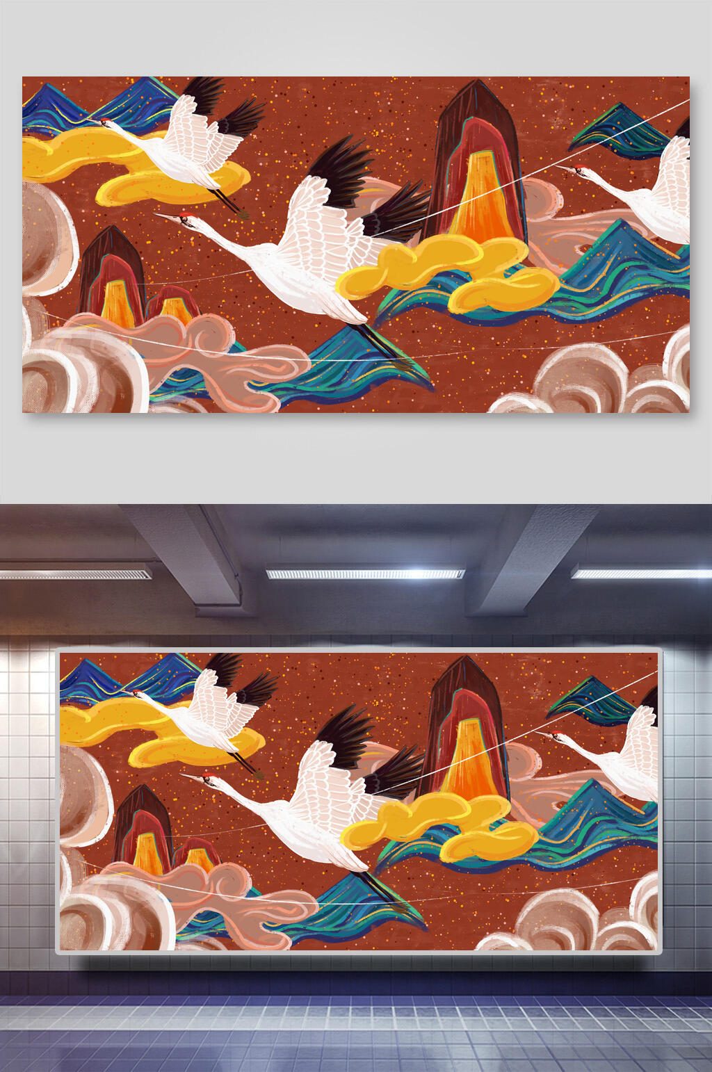 国潮风喜鹊凤凰插画两联仙鹤吉祥素材