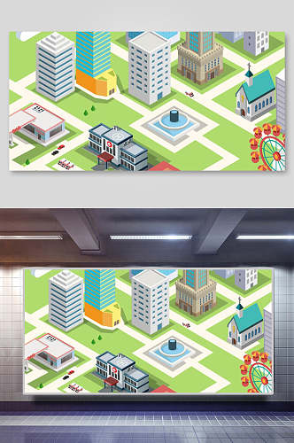两联城市插画城市地标城市交通