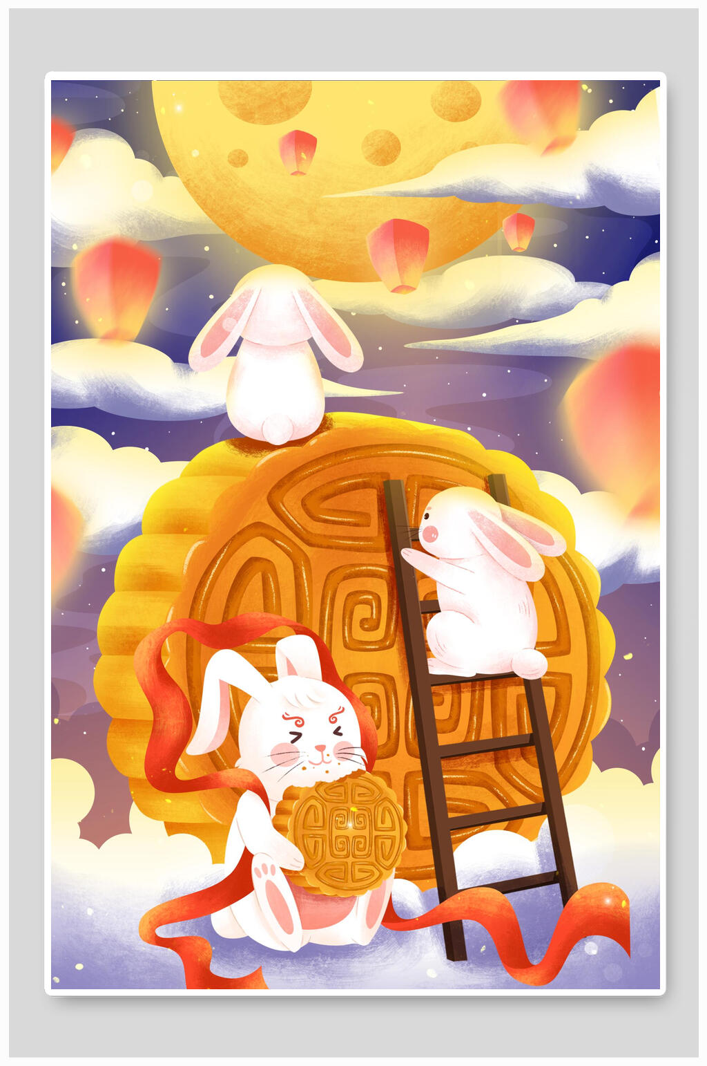 中秋节插画月饼中秋节玉兔奔月素材