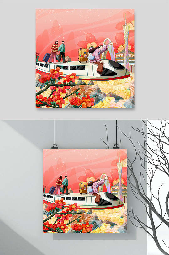 中国风舞龙舞狮插画两联挂画动车出行