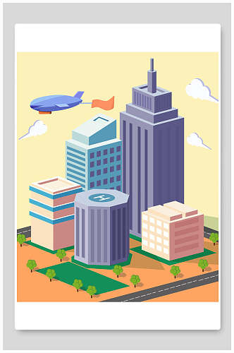 简约飞机立体手绘城市建筑插画