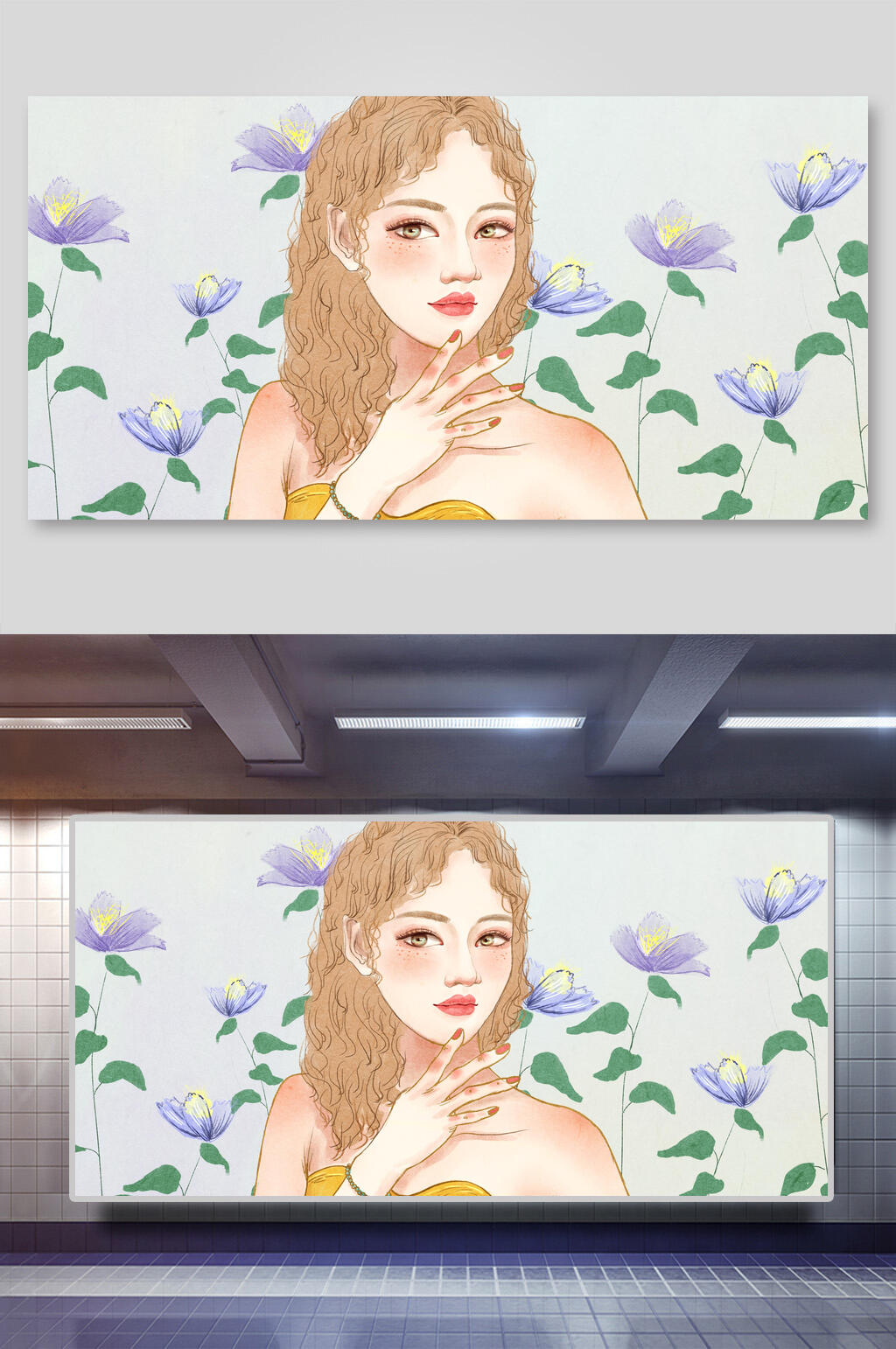 美容化妆美女插画两联横向美女和花草背景素材