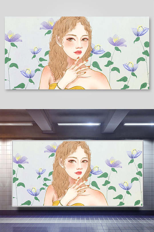 美容化妆美女插画两联横向美女和花草背景