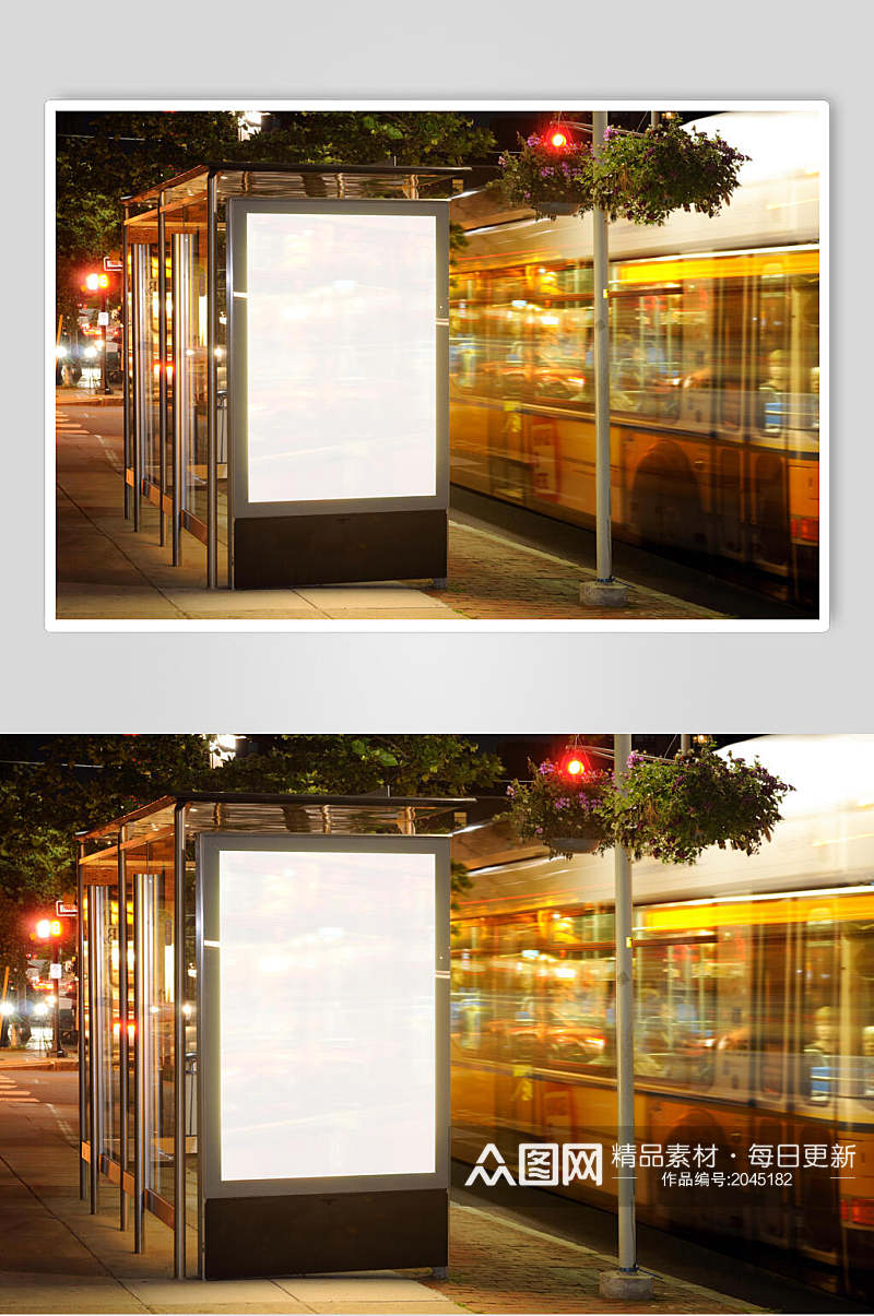 夜色公交站台白色海报样机效果图素材