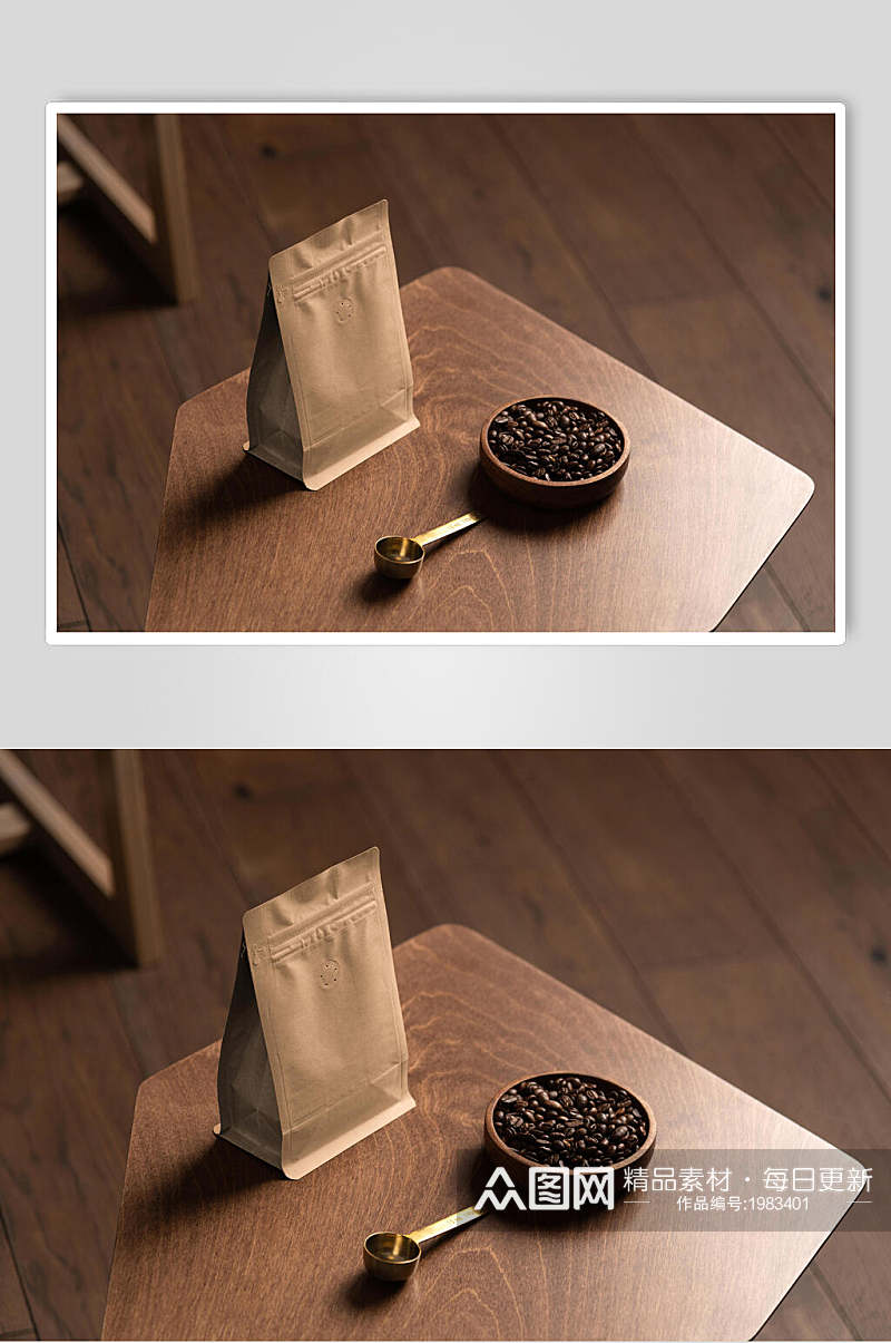 木纹底咖啡袋包装样机效果图素材