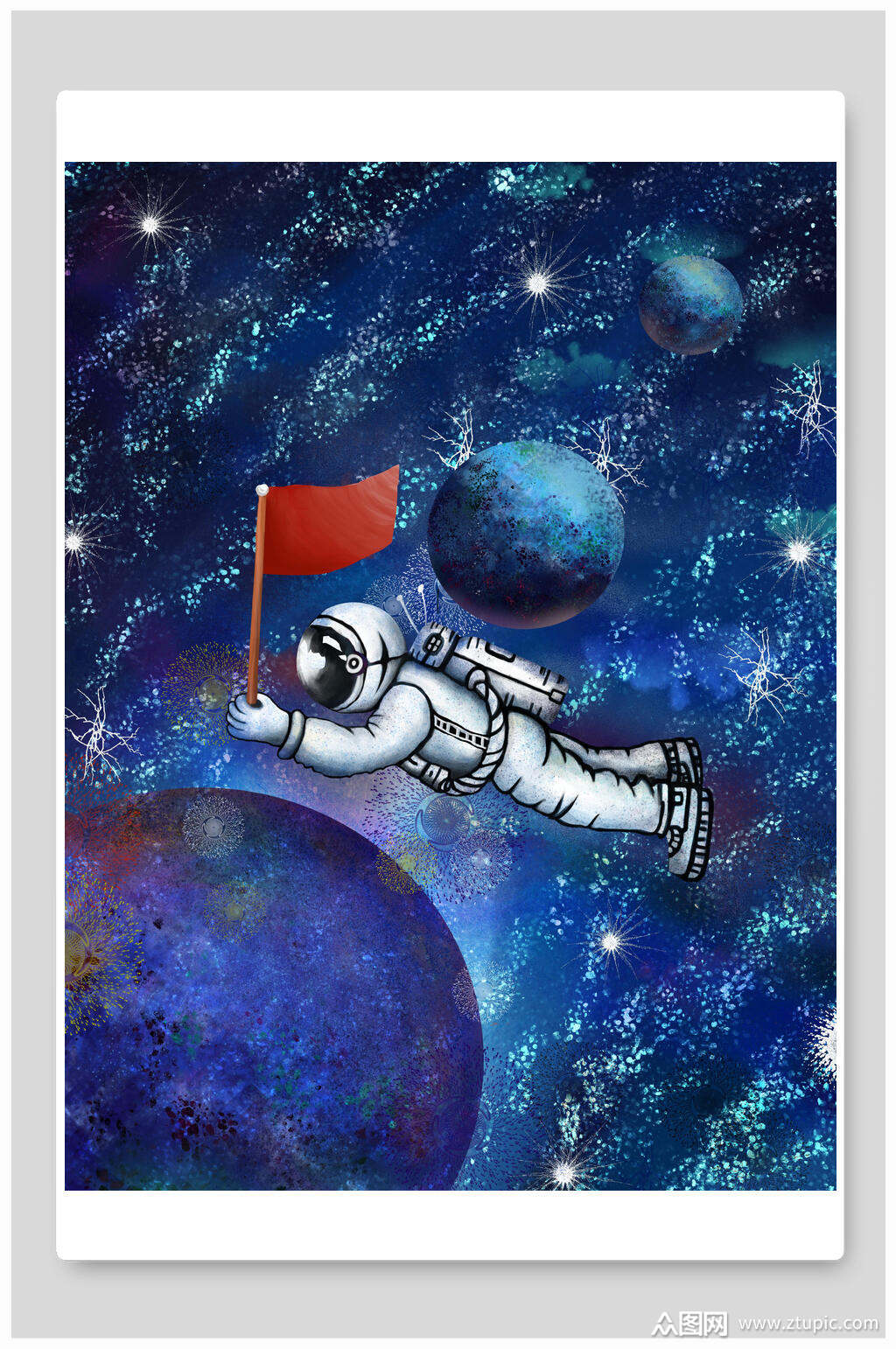 简约绚烂蓝色航天航空日宇航员插画
