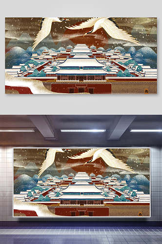 国潮风烫金地标宫廷建筑插画展板