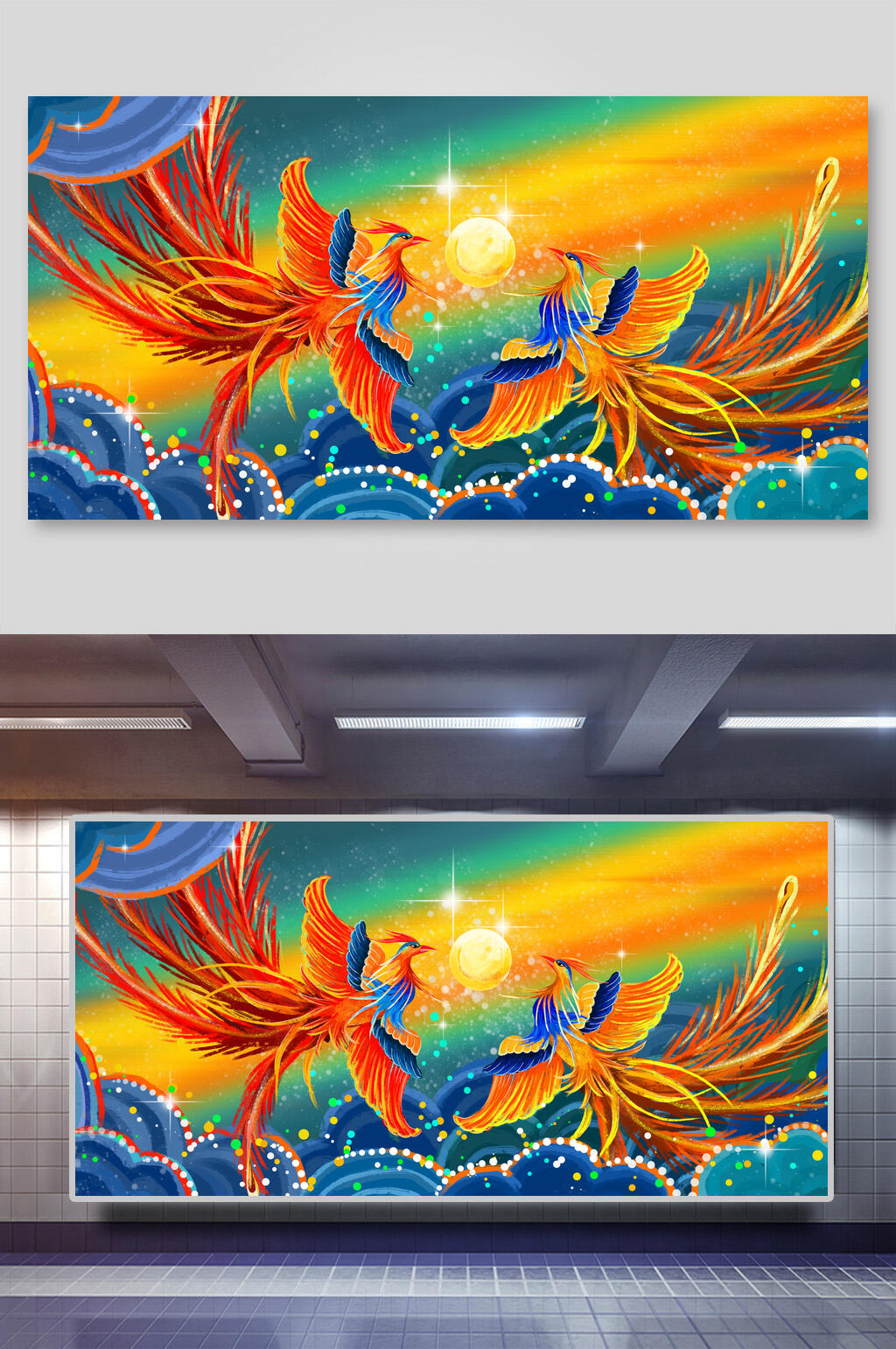 国潮风喜鹊凤凰插画两联凤凰飞舞素材