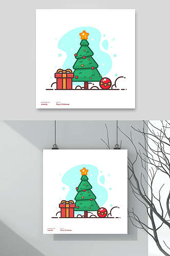 居家生活物品插画挂画两联圣诞树