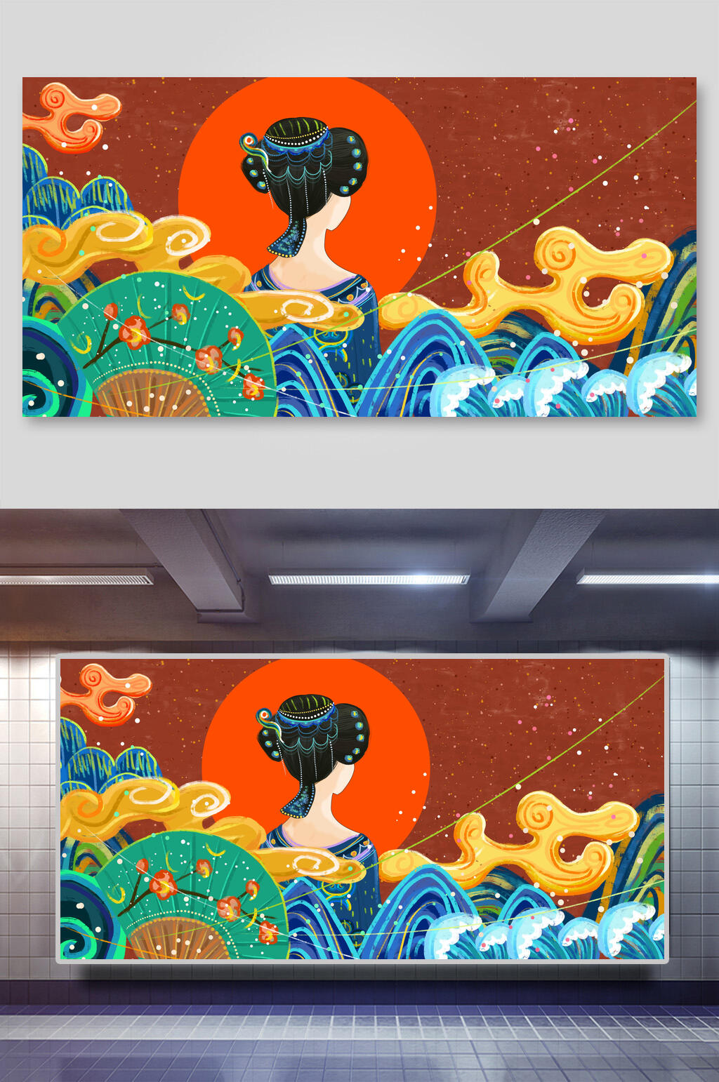 国潮风喜鹊凤凰插画两联横向红日美女素材