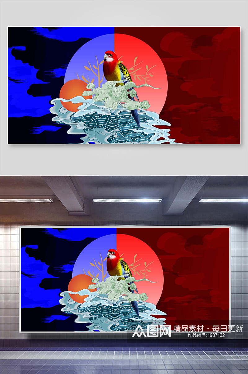国潮中式背景两联喜鹊在飞红日初升素材
