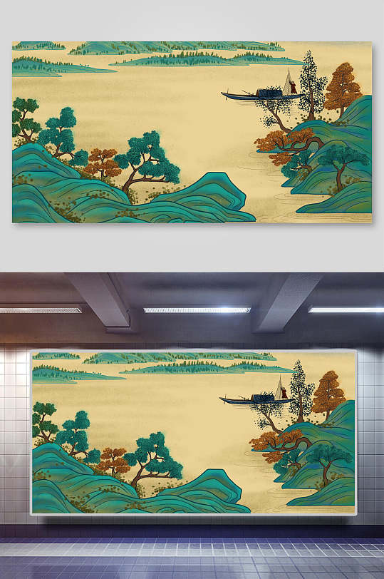 国潮风烫金地标建筑插画两联远山瘦水