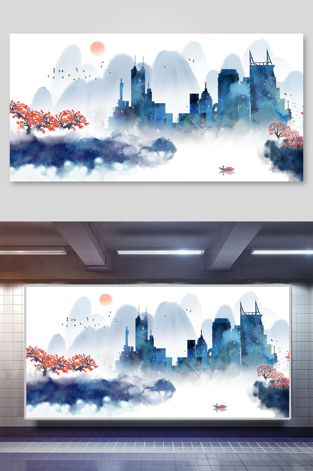 中国地标建筑插画素材两联城市轮廓素材