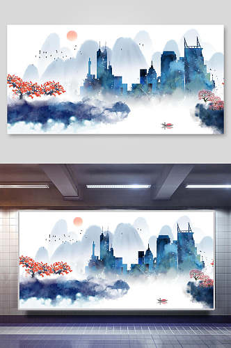 中国地标建筑插画素材两联城市轮廓
