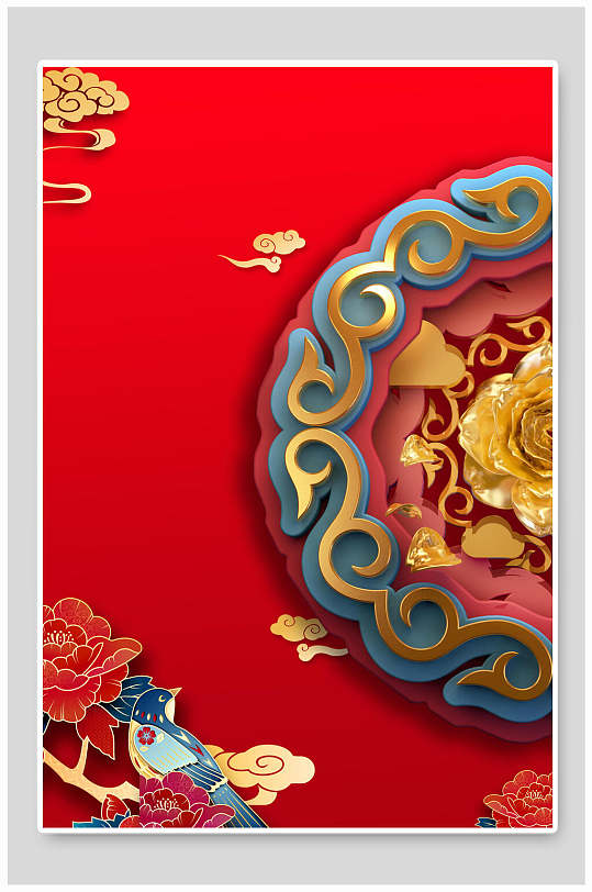 中秋节背景大红底立体剪纸团花图案