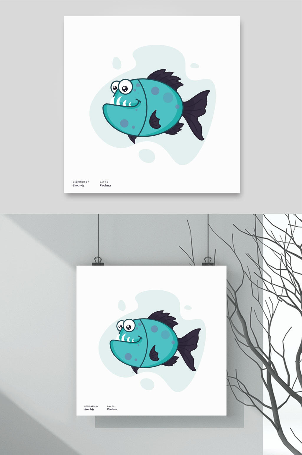 居家生活物品插画挂画两联一只鱼儿素材