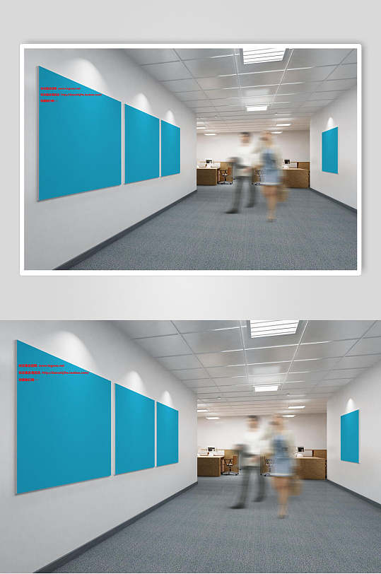 办公环境墙面蓝色海报样机效果图