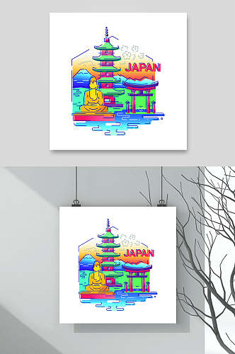 世界旅游建筑矢量插画素材两联挂画佛祖