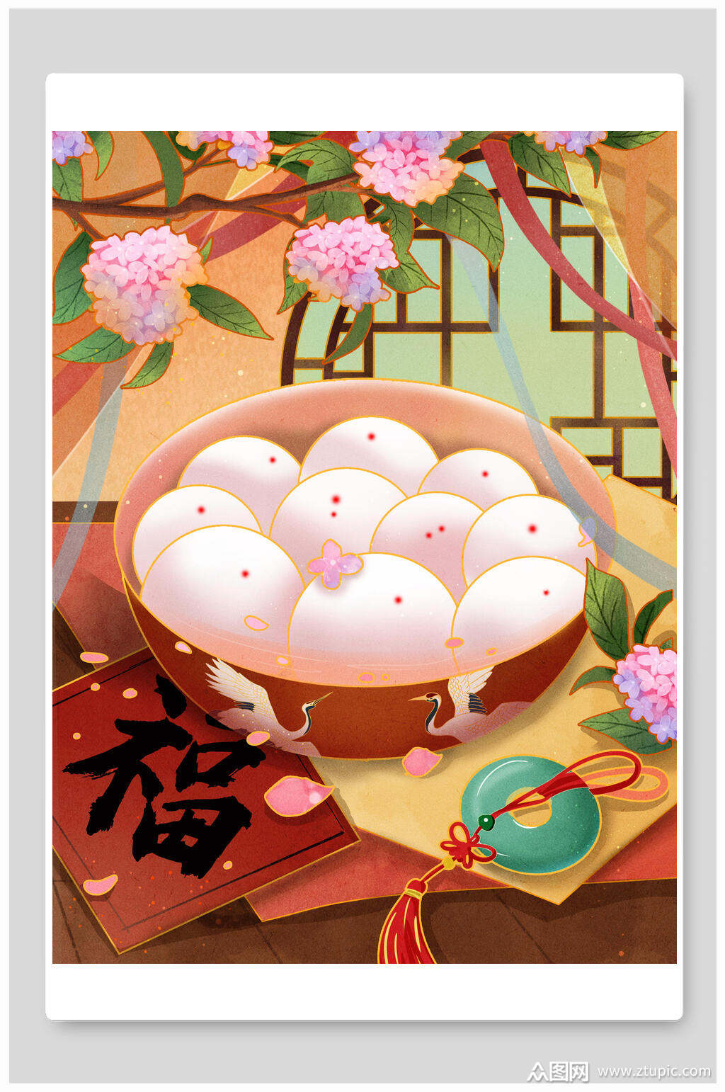 唯美国潮风元宵节汤插画素材