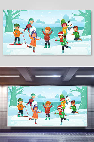 圣诞节插画两联横向冬日快乐童年
