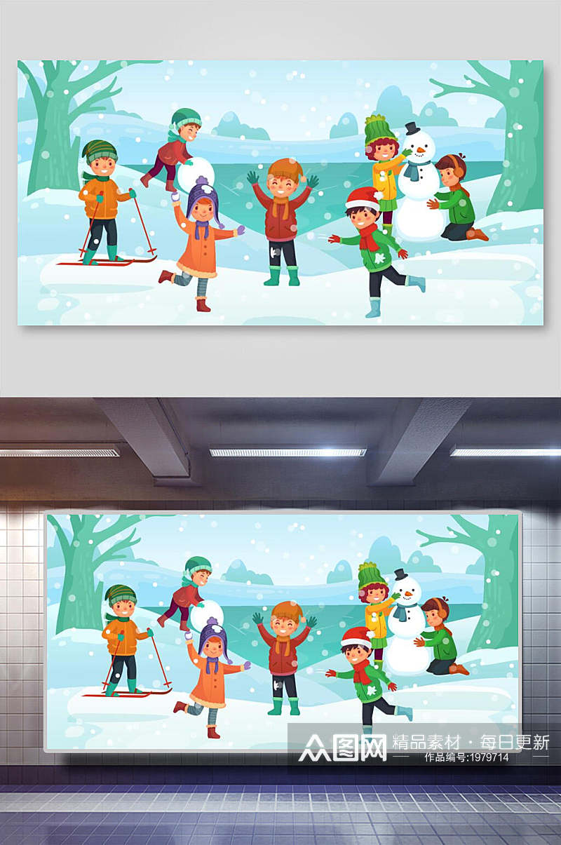 圣诞节插画两联横向冬日快乐童年素材