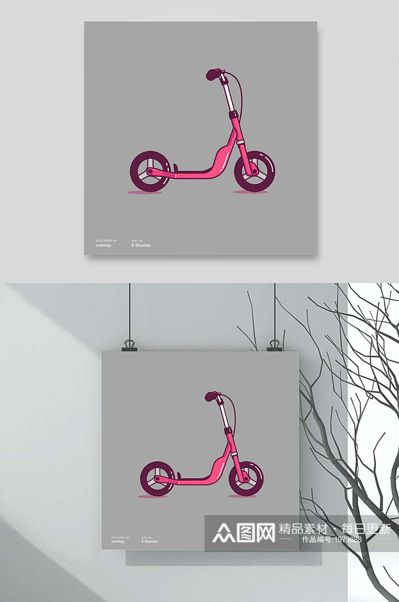 居家生活物品插画挂画两联一辆单车素材