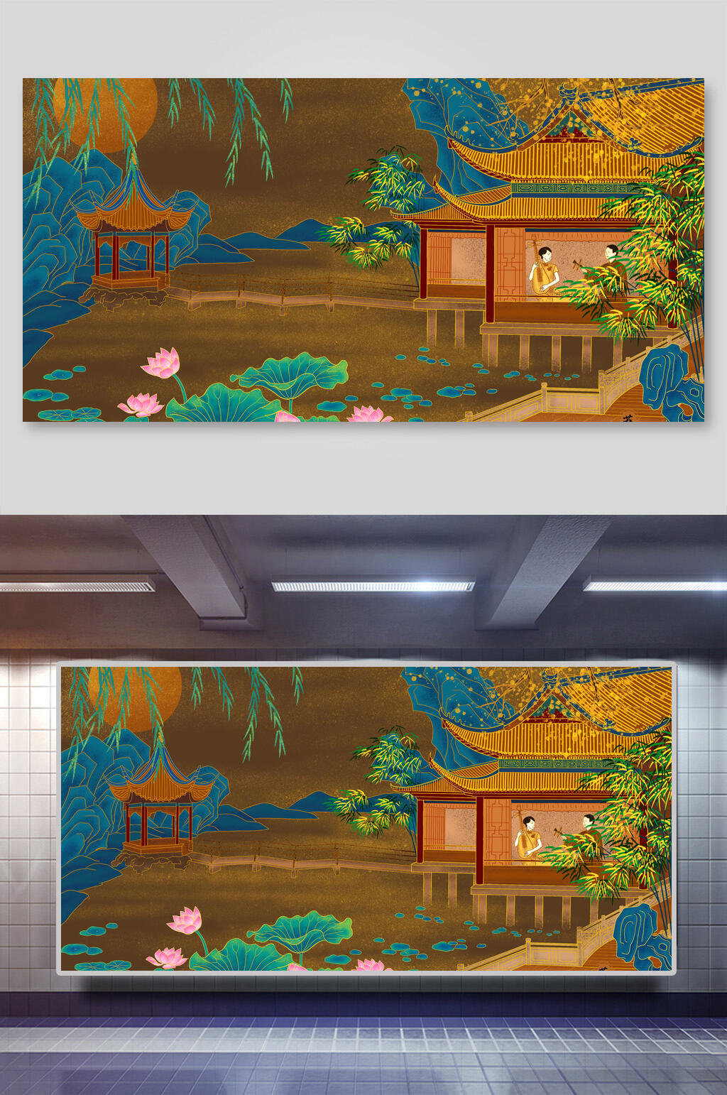 国潮风烫金地标建筑插画两联横向素材