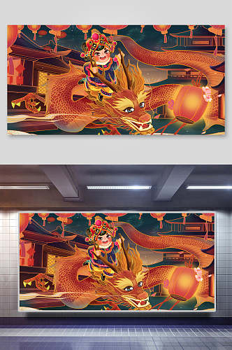 中国风舞龙舞狮插画两联京剧脸谱和龙