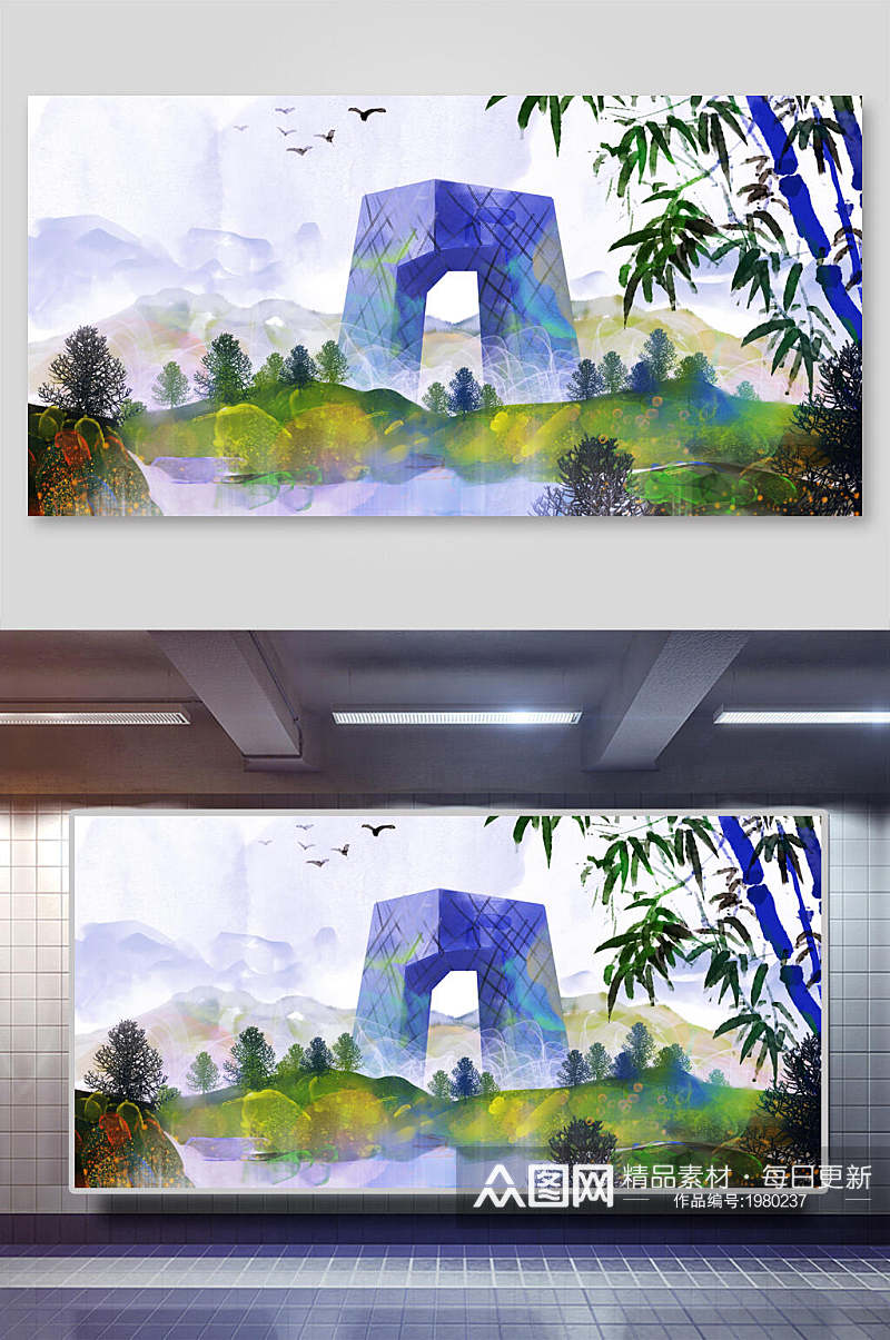 水墨风中国地标建筑山林插画素材素材