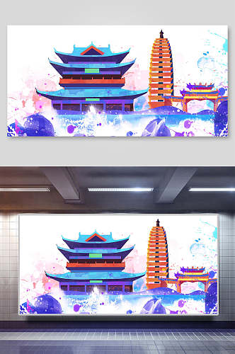 中国地标建筑插画素材两联大雁塔西安