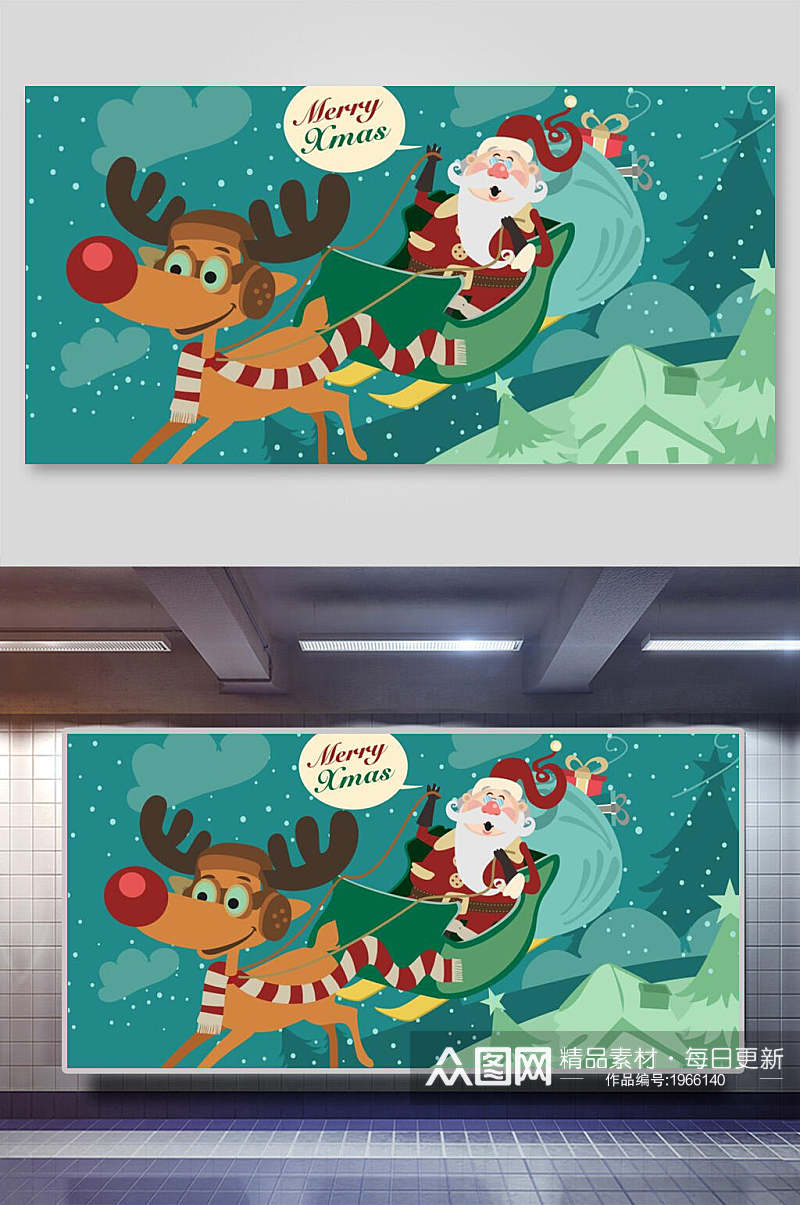 圣诞节插画两联横向驯鹿和圣诞老人素材
