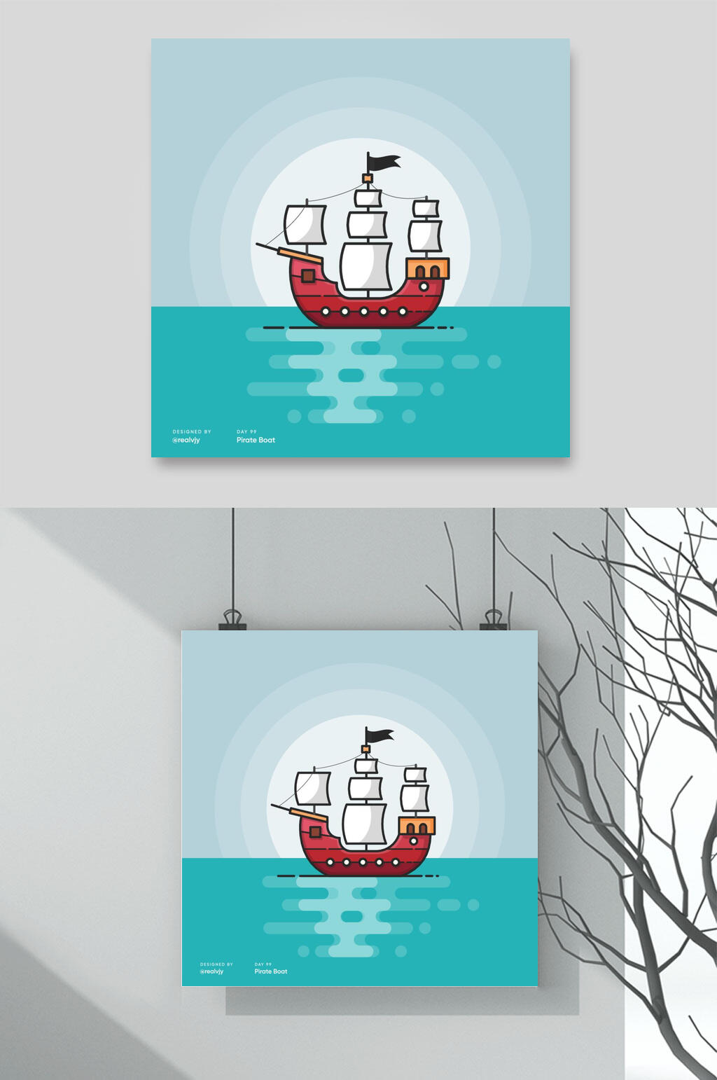 蓝色海上帆船居家生活物品插画素材