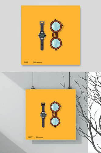 居家生活物品插画两联挂画一个手表