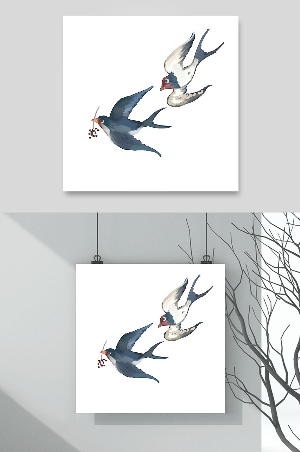 春天春季燕子素材两联挂画春燕衔花素材