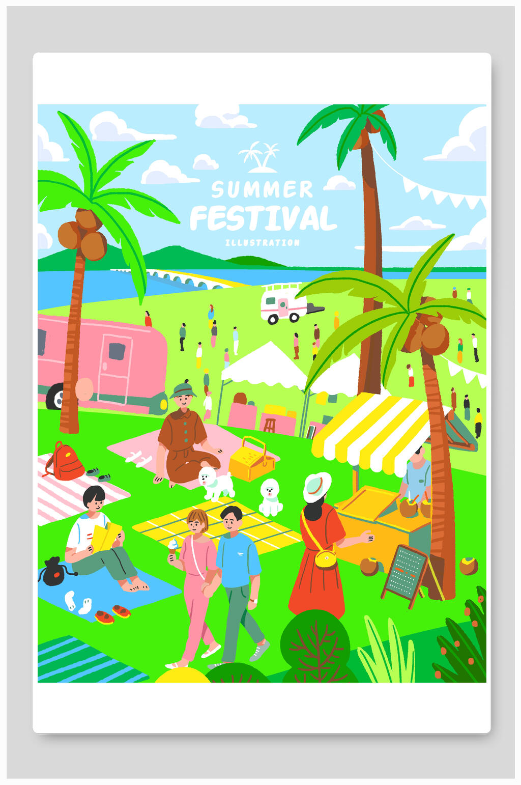 夏季旅游出行插画海滨公园欢乐假日素材