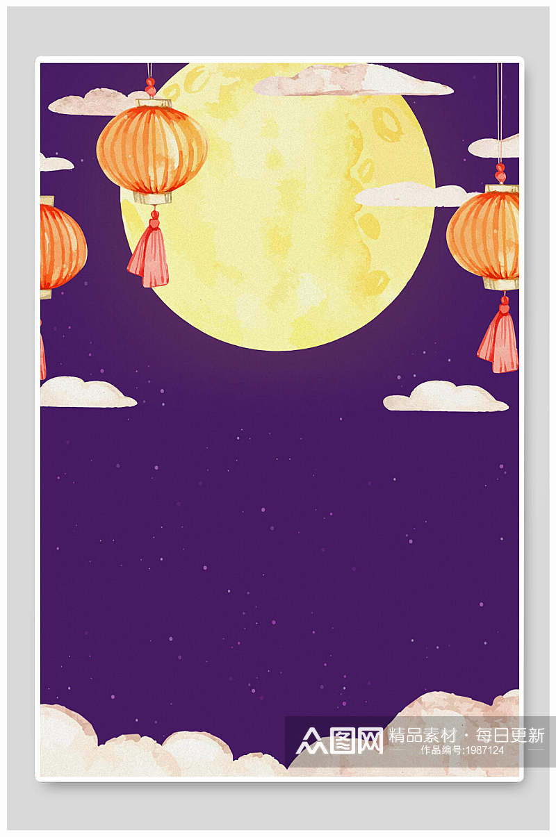 中秋节背景简洁立体剪纸风皓月和灯笼素材