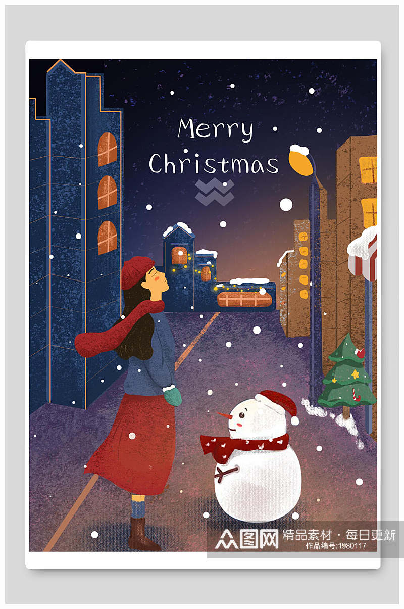 圣诞节插画圣诞节雪人和女孩素材