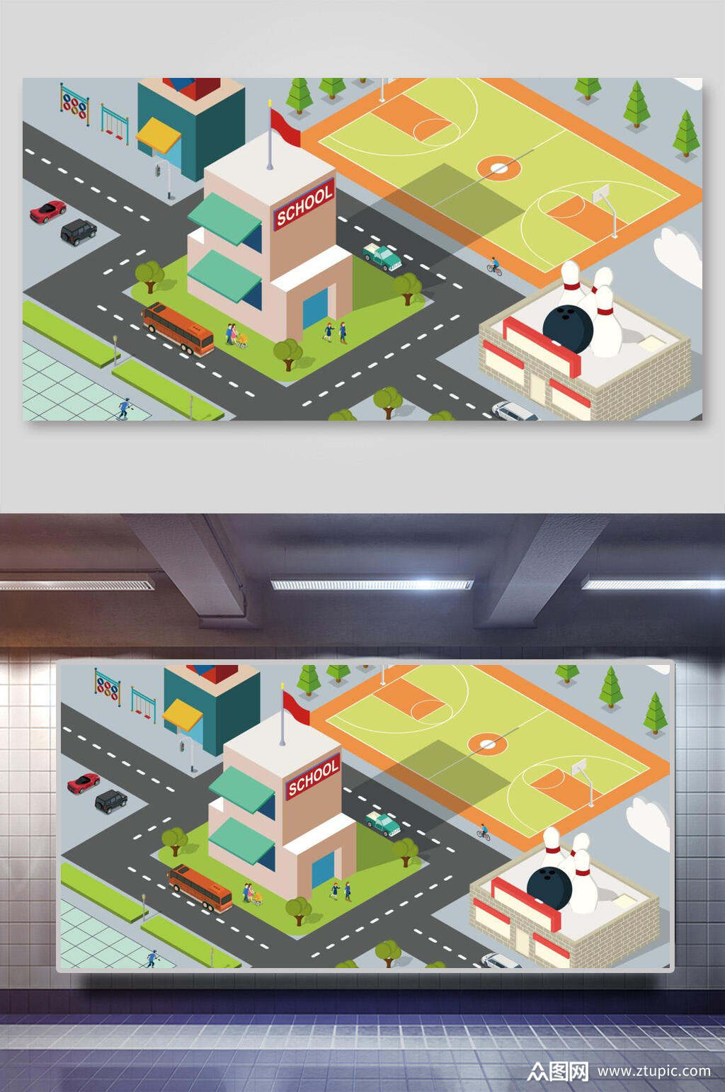 立体手绘体育馆城市建筑插画展板